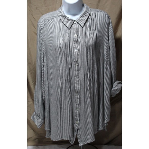 Jane & Delancey Women's 1X Button Roll-tab LS Black Striped Tunic Top Pin Pleats - Picture 1 of 15